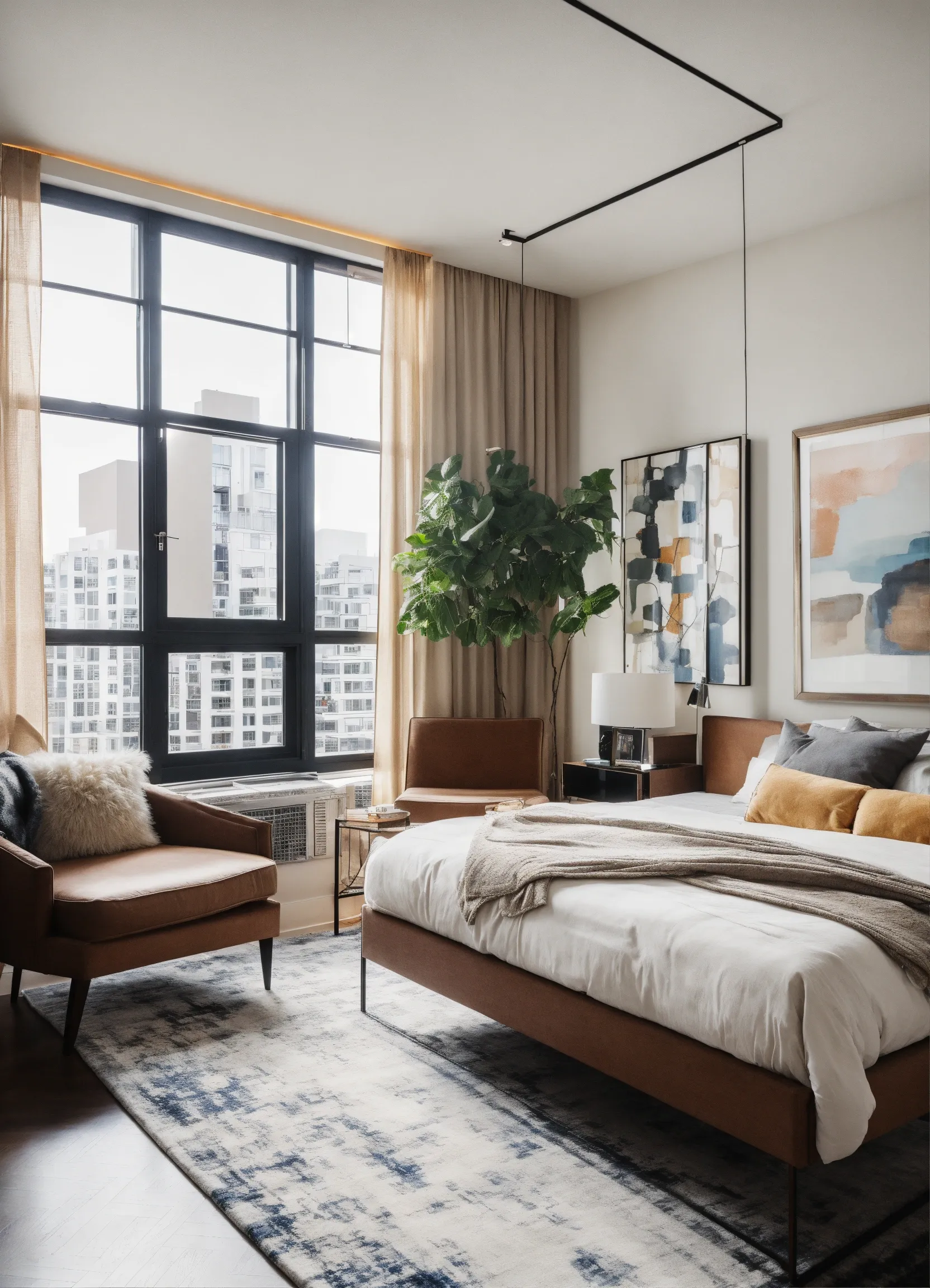 Compact bedroom with wall-mounted storage